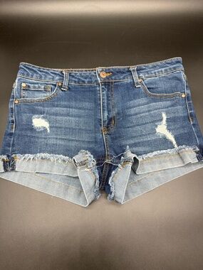 Celebrity Pink Distressed Denim Stretchy Booty Shorts -Distressed Dark Wash Sz M